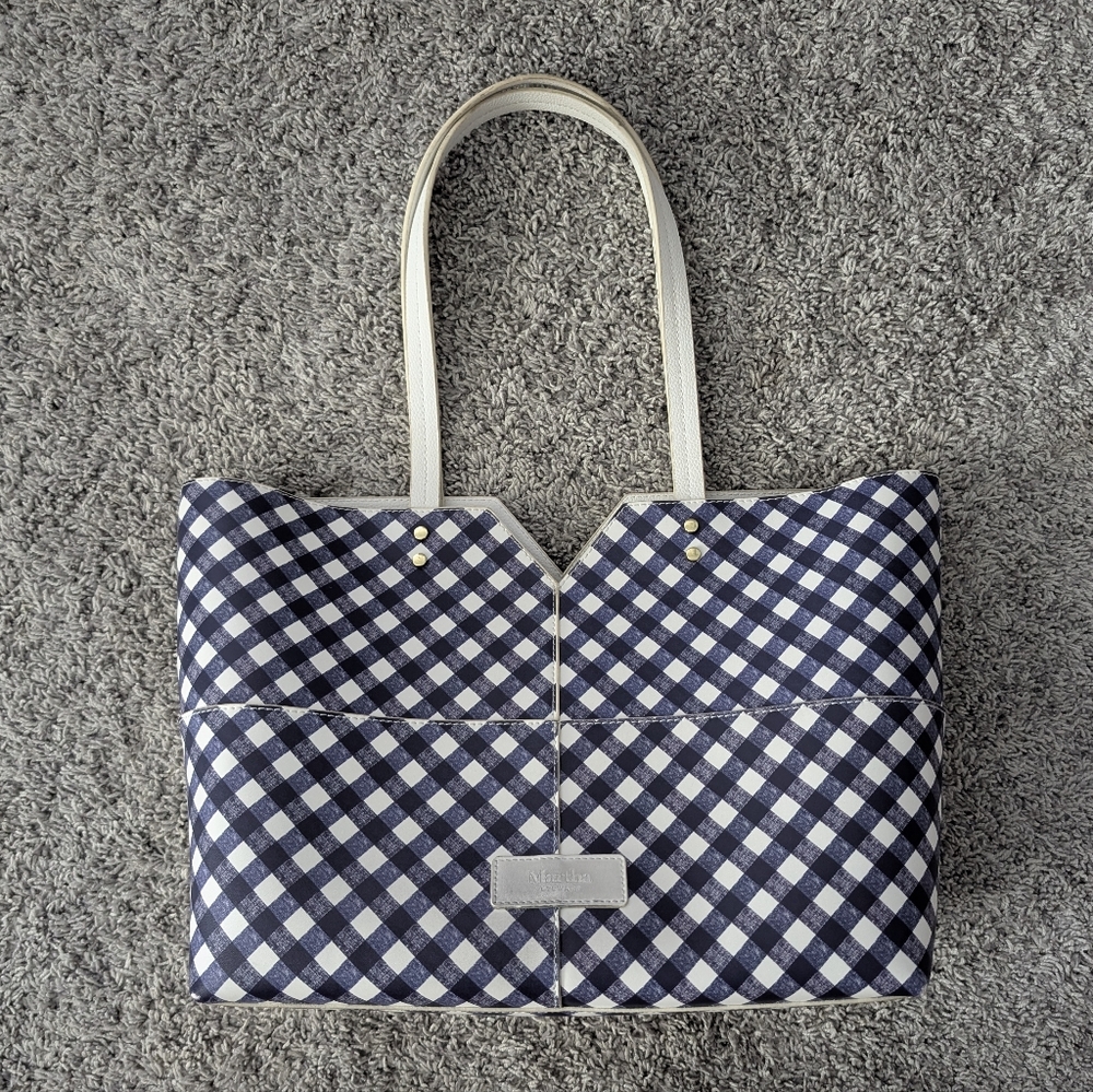 Blue and white checkered tote bag